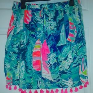 Lilly Pulitzer Rare NWOT Floral Drawstring L Mini Skirt w/ Hot Pink Tassels